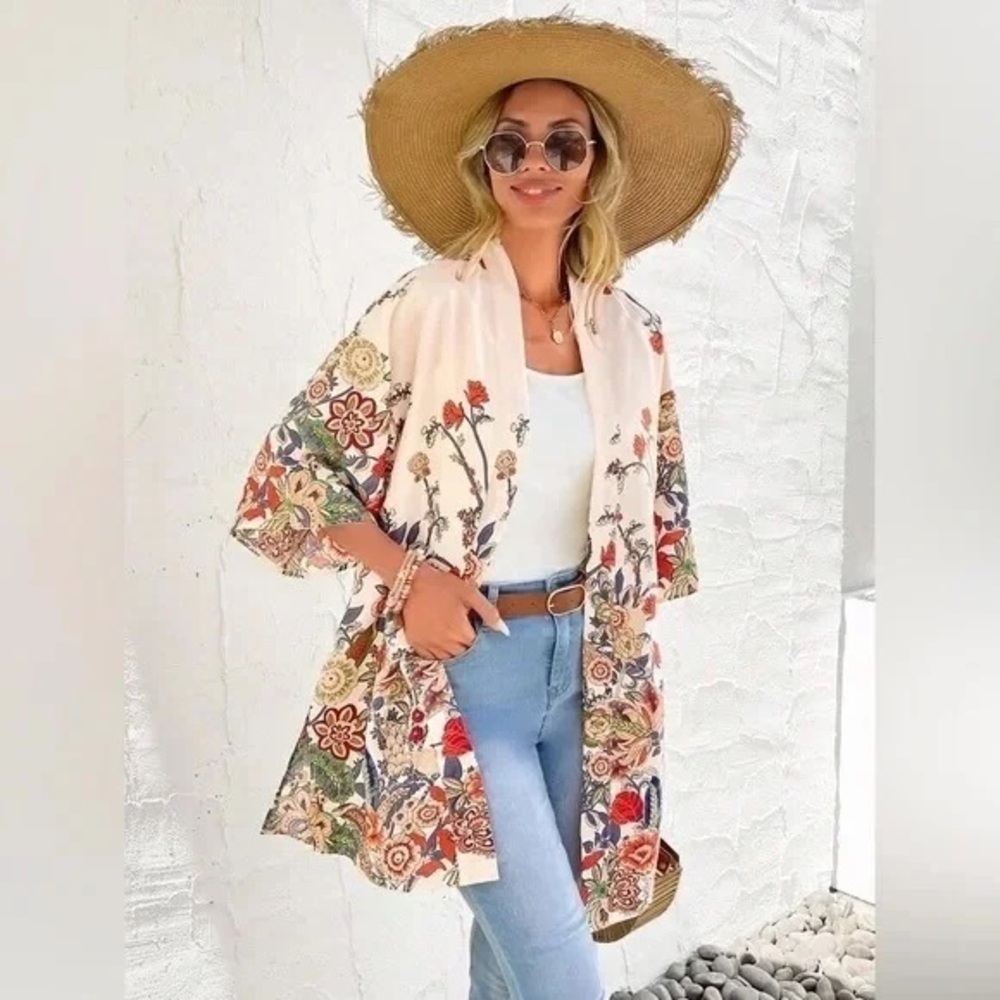 ❄️ Emery Rose | Floral Print Drop Shoulder Kimono Boho Beach